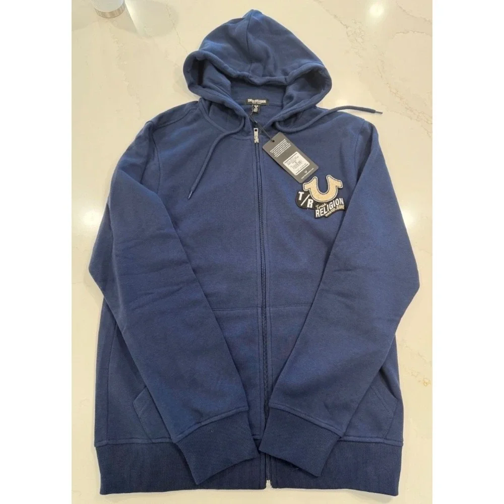 True Religion Full‎ Zip Hoodie Mens Size M Blue Embroidered Patch NWT Logo